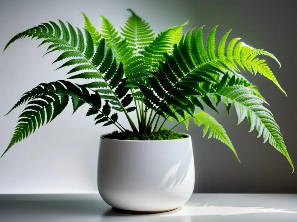 Fotografiar plantas de interior macetas: Detalle de helecho verde exuberante en maceta blanca sobre fondo blanco, evocando elegancia botánica moderna