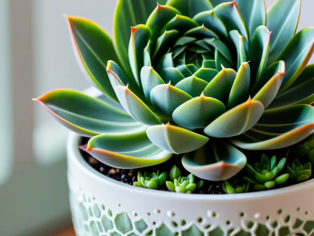 Fotografiar plantas de interior macetas: Detalle de una exuberante suculenta verde en una elegante maceta blanca, resaltando su textura y patrones