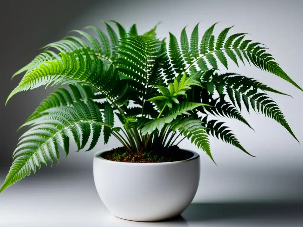 Fotografiar plantas de interior macetas: Detalle de helecho verde exuberante en elegante maceta blanca, creando una composición visualmente impactante