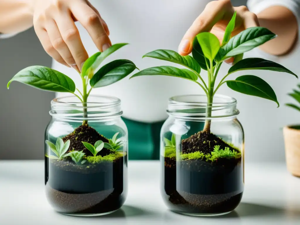 Propagación de plantas de interior: manos cuidadosas podando una planta verde en un ambiente minimalista