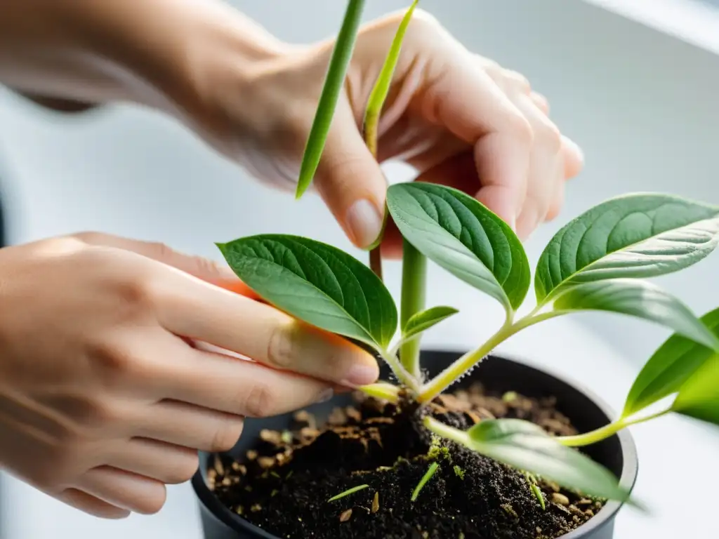 Injertando plantas de interior cuidadosamente: manos detalladas unen tallo verde a planta mayor, destacando el meticuloso proceso de injertar