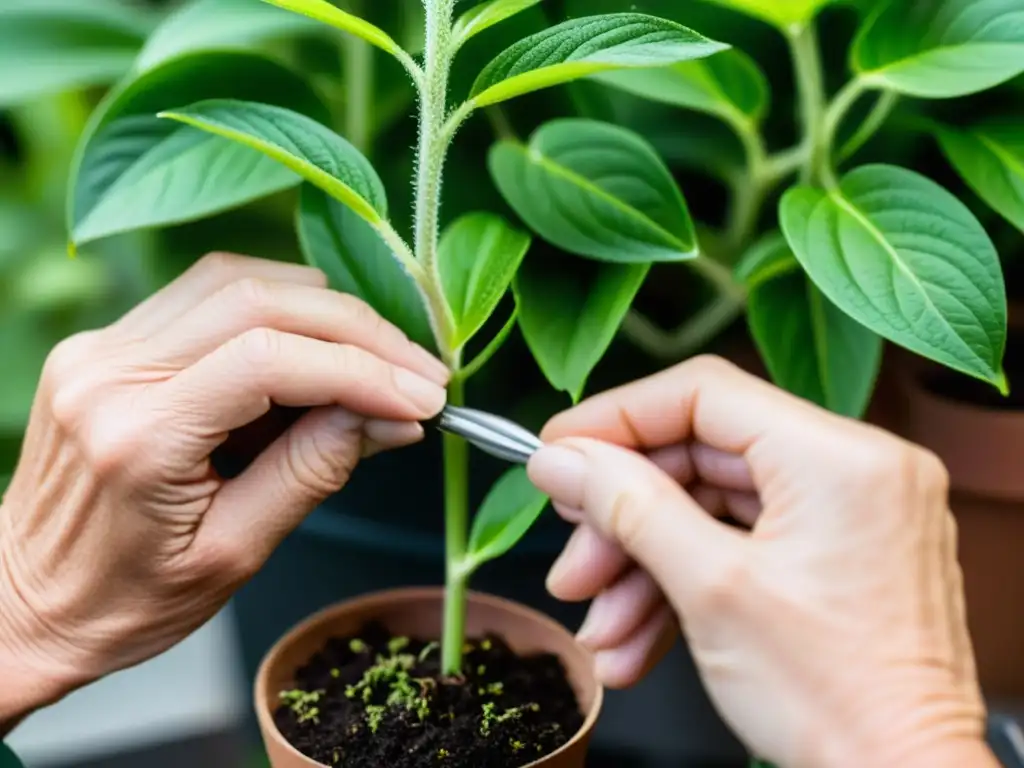 Injertando plantas de interior cuidadosamente, manos detalladas unen un tallo verde a una planta madura