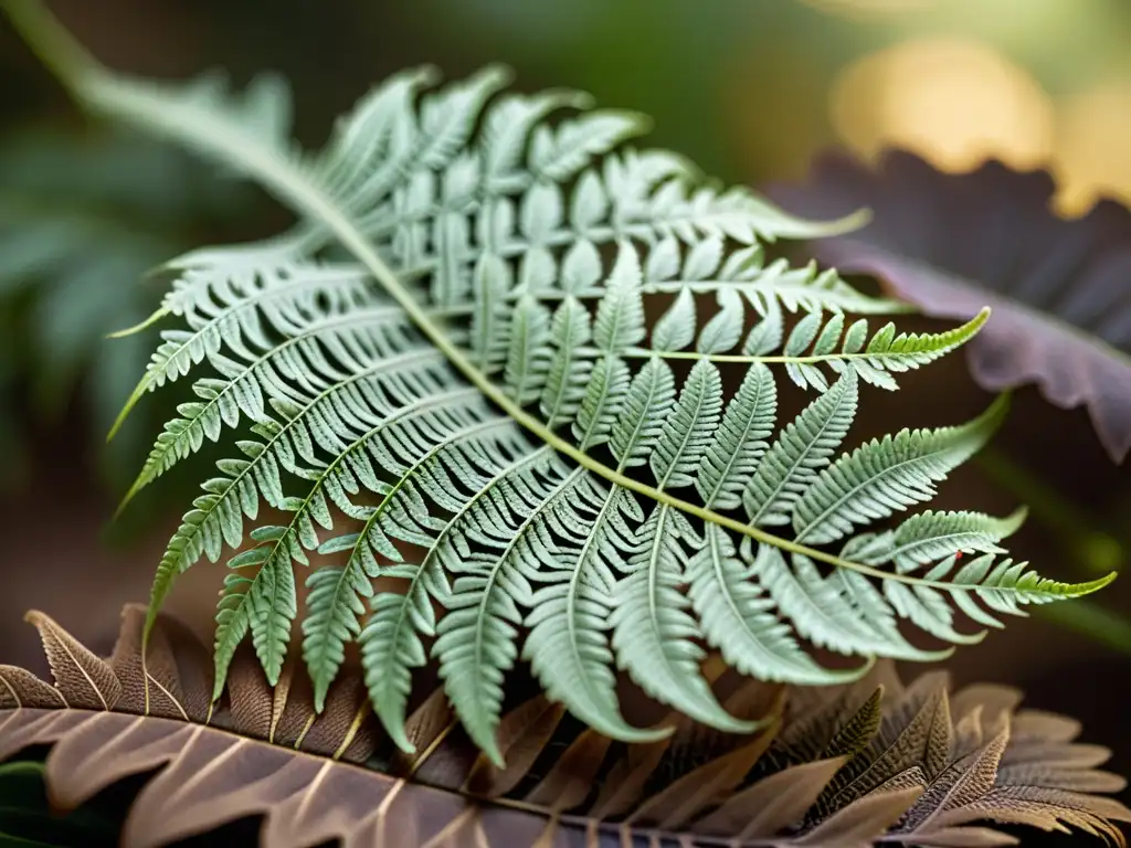 Una fotografía de plantas de interior naturaleza: Detalle de un helecho iluminado, con patrones intrincados y un aura etérea