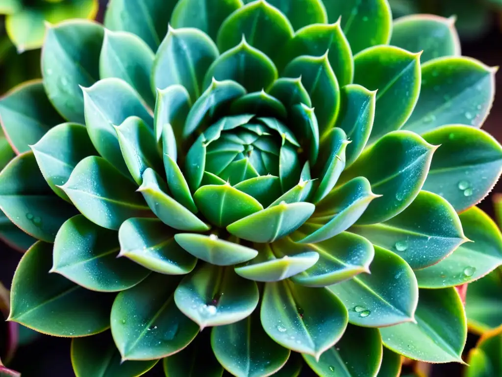 Fotografía de plantas de interior naturaleza: Detalle de una suculenta verde con gotas de rocío, textura e iluminación evocan paz y naturaleza