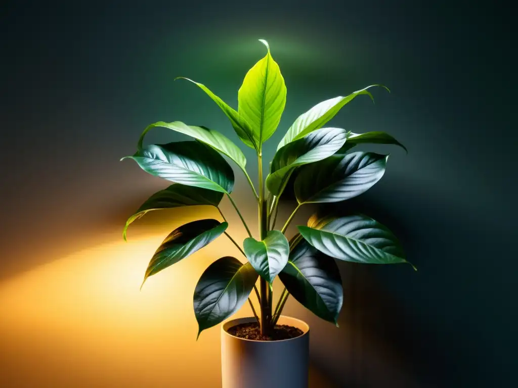 Fotografía de plantas de interior de noche: planta exuberante iluminada por una lámpara moderna, creando un ambiente sereno y acogedor