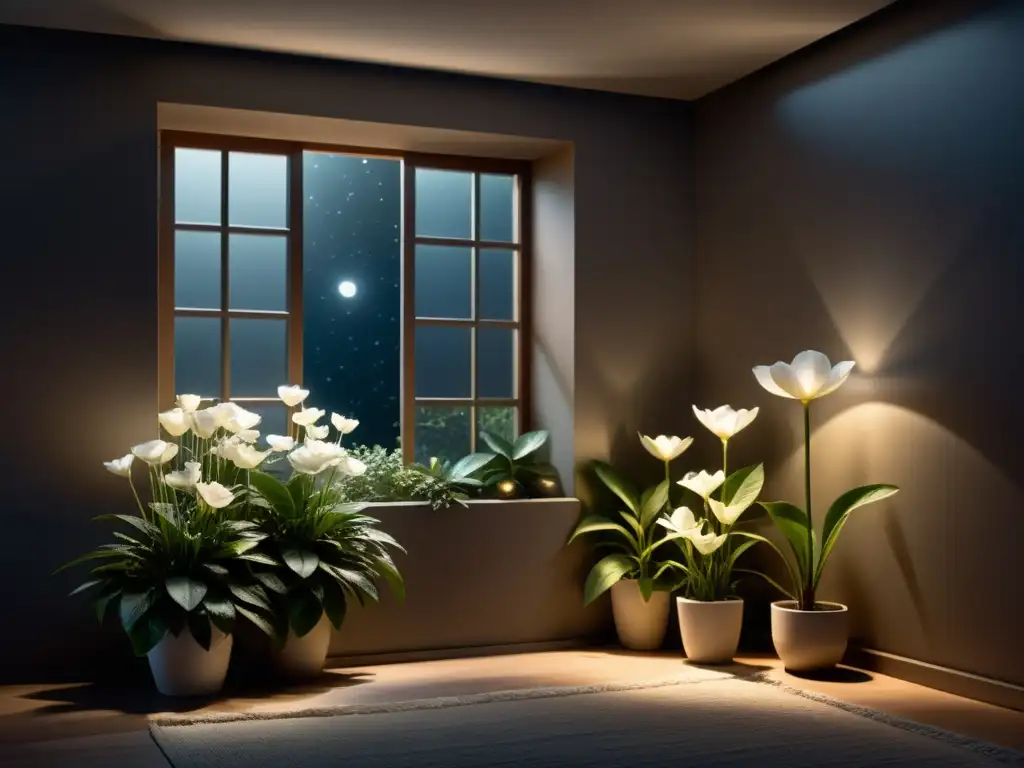 Plantas de interior que florecen de noche: Luz de luna ilumina flores blancas en misteriosa habitación oscura