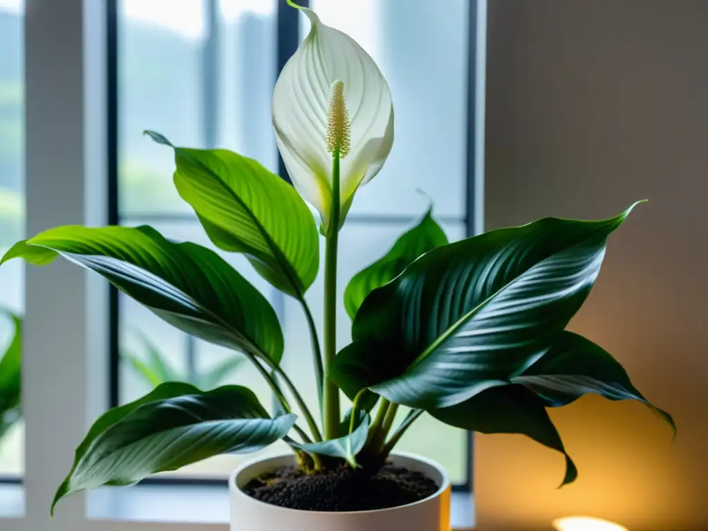 Planta de interior: Lirio de la paz en maceta moderna 'Plantas de interior que prosperan en penumbra: Un lirio de la paz exuberante y saludable en una maceta moderna, iluminado por suave luz natural