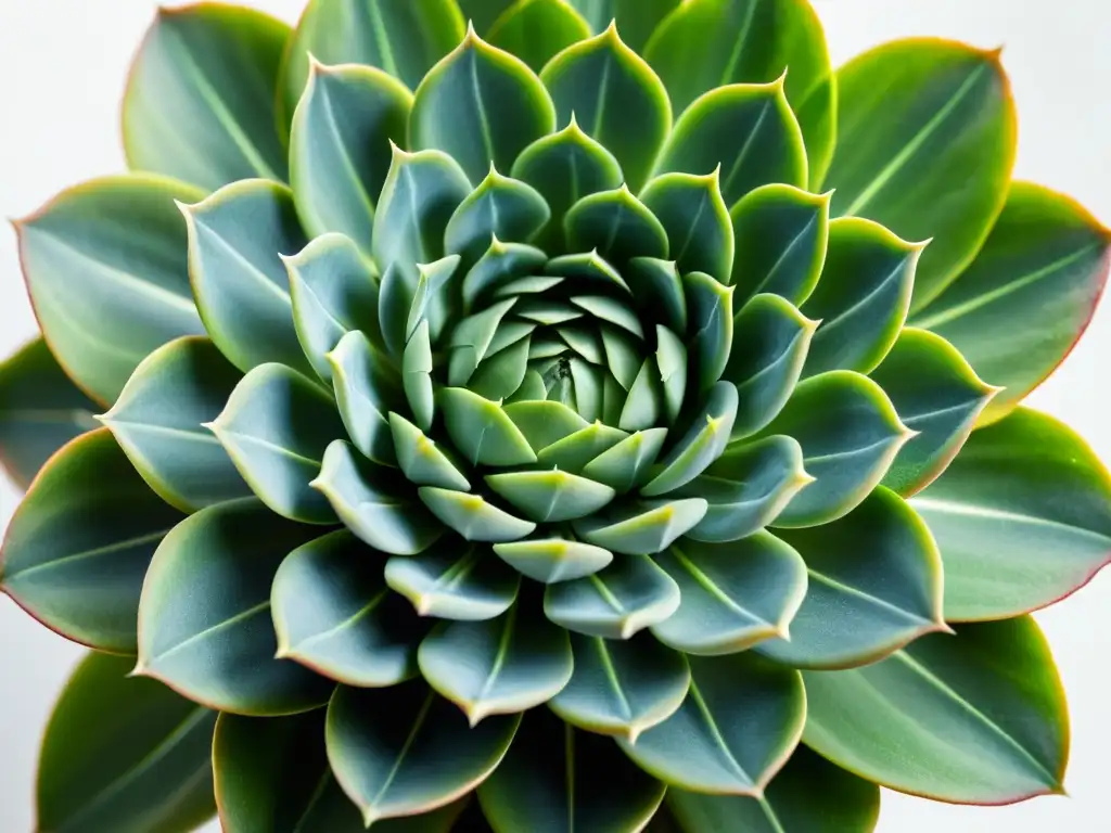 Fotografía de plantas de interior en Instagram: Detalle de planta suculenta verde con patrones simétricos en hojas, iluminación suave y fondo blanco