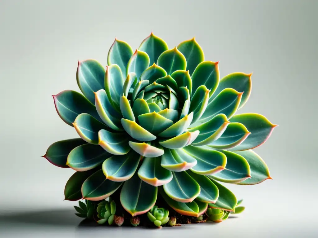 'Fotografía de plantas de interior: Primer plano de una suculenta verde vibrante sobre fondo blanco, resaltando sus detalles y texturas