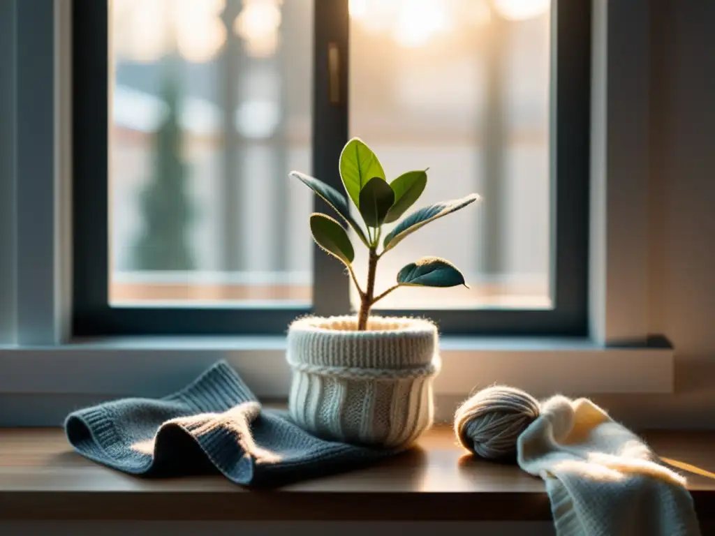 Preparación para el invierno: Planta interior acogedora Plantas de interior protegidas con accesorios invernales en un ambiente acogedor y cálido