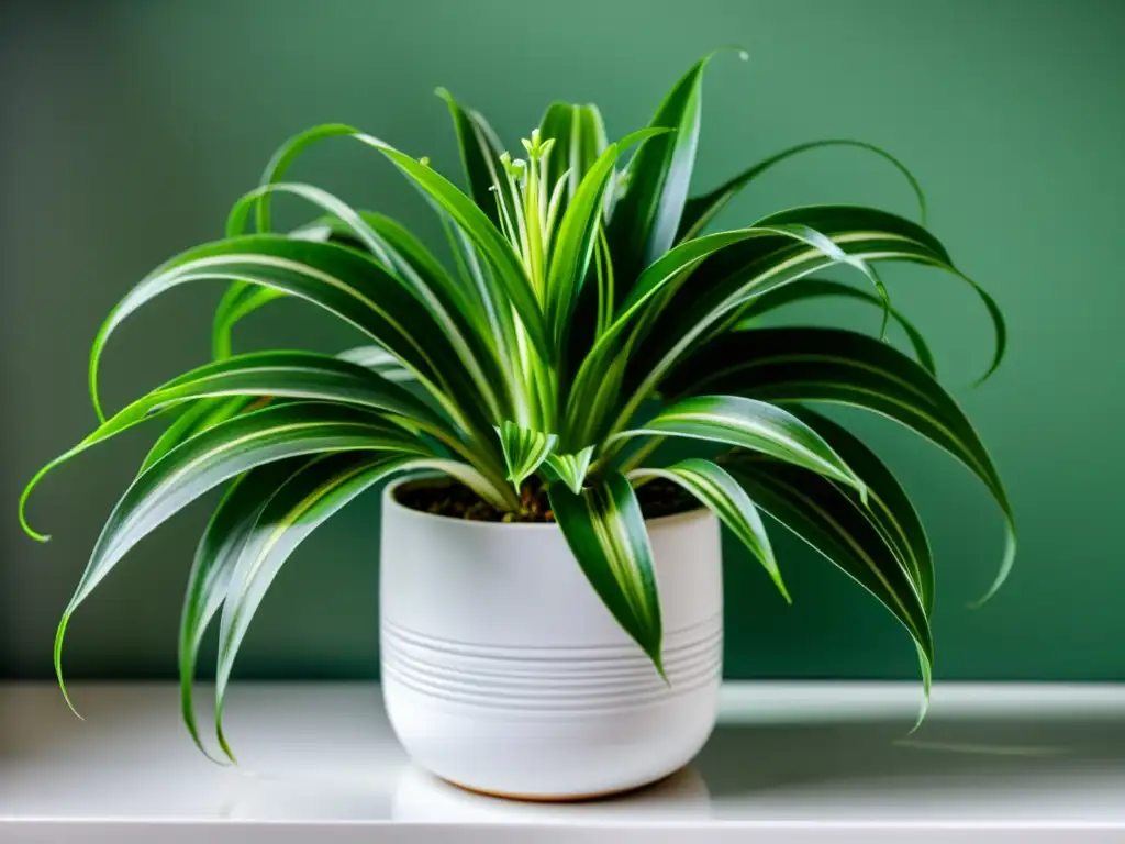 Cultivar plantas de interior sin químicos: Detalle de una exuberante planta araña en maceta blanca, resaltando su elegancia natural