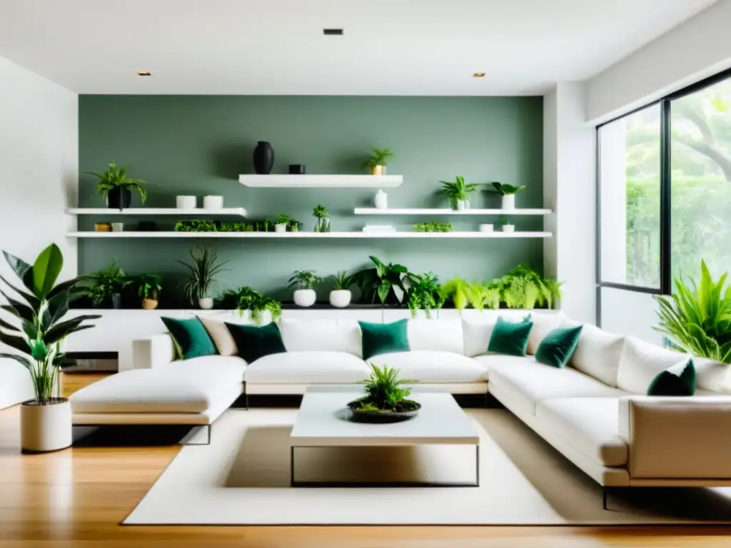 Cultivar plantas de interior sin químicos: Sala moderna con plantas en estantes blancos, inundada de luz natural y ambiente sereno