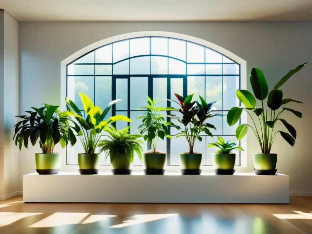 Plantas de interior resistentes a condiciones difíciles: Grupo de plantas vibrantes en un salón minimalista, bañadas por la luz natural