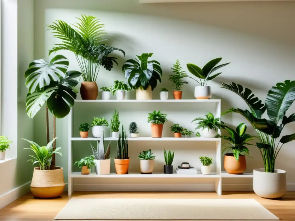 Decoración con plantas de interior: Sala acogedora con exuberantes plantas verdes en estantes blancos, creando un ambiente sereno e invitador