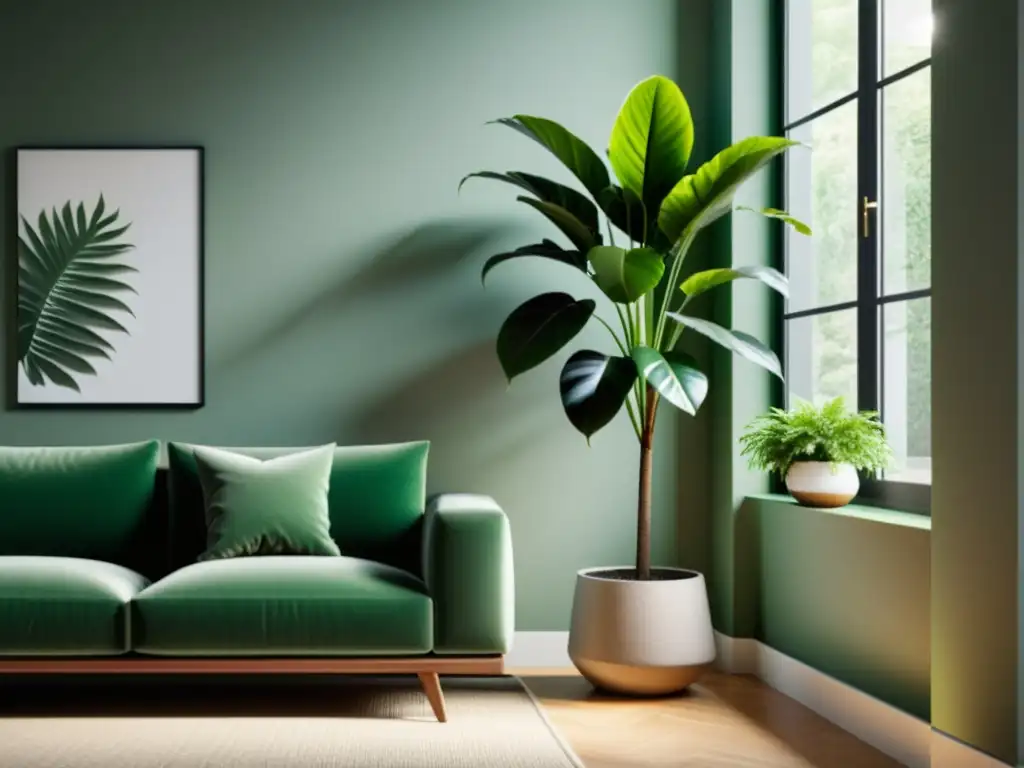 Decoración con plantas de interior: Sala acogedora con minimalismo, muebles neutros, suave alfombra y una exuberante planta en maceta moderna