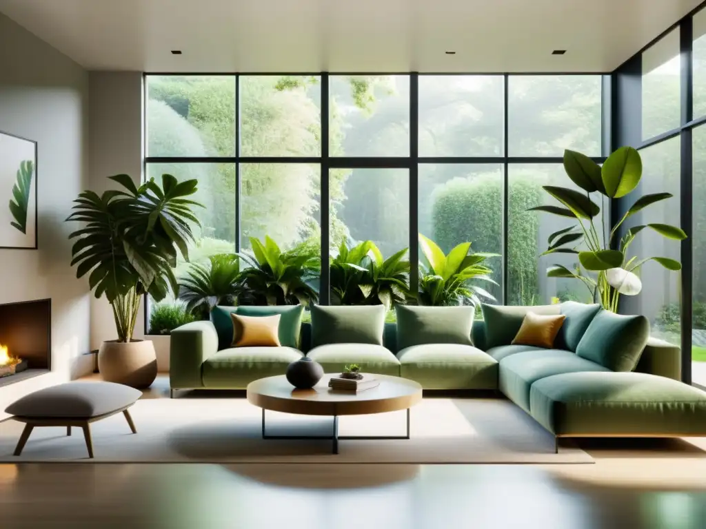 Guía para integrar plantas de interior: Sala de estar moderna con plantas verdes en grandes ventanales, creando un ambiente tranquilo y armonioso