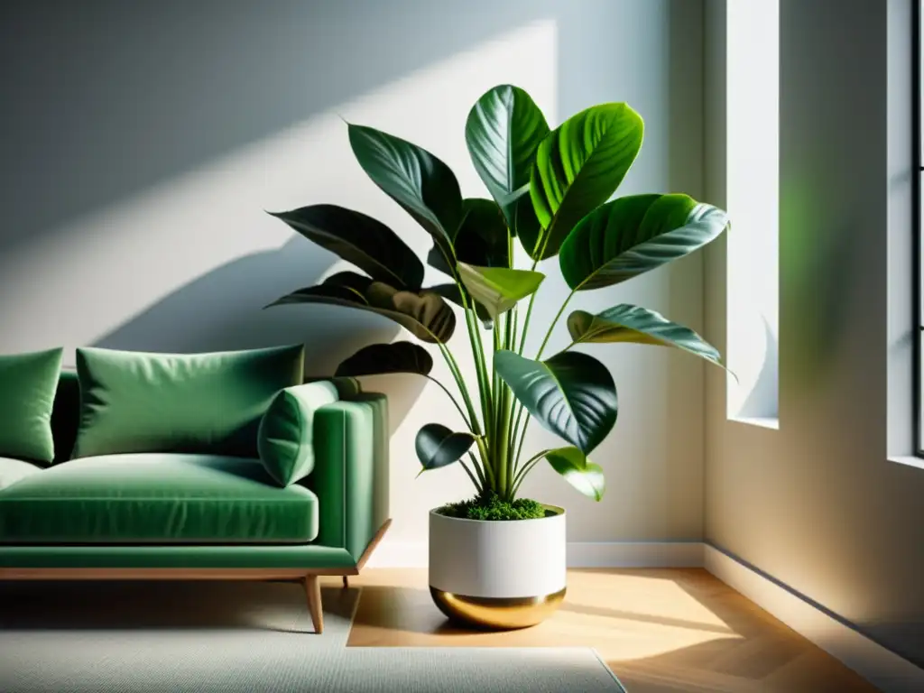 Una fotografía de plantas de interior en Instagram: Un salón moderno y elegante con una gran planta como punto focal, iluminada por suave luz solar