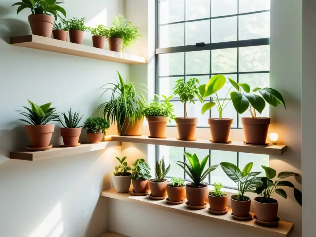 Colección de plantas en un jardín interior sereno, iluminado por la luz natural