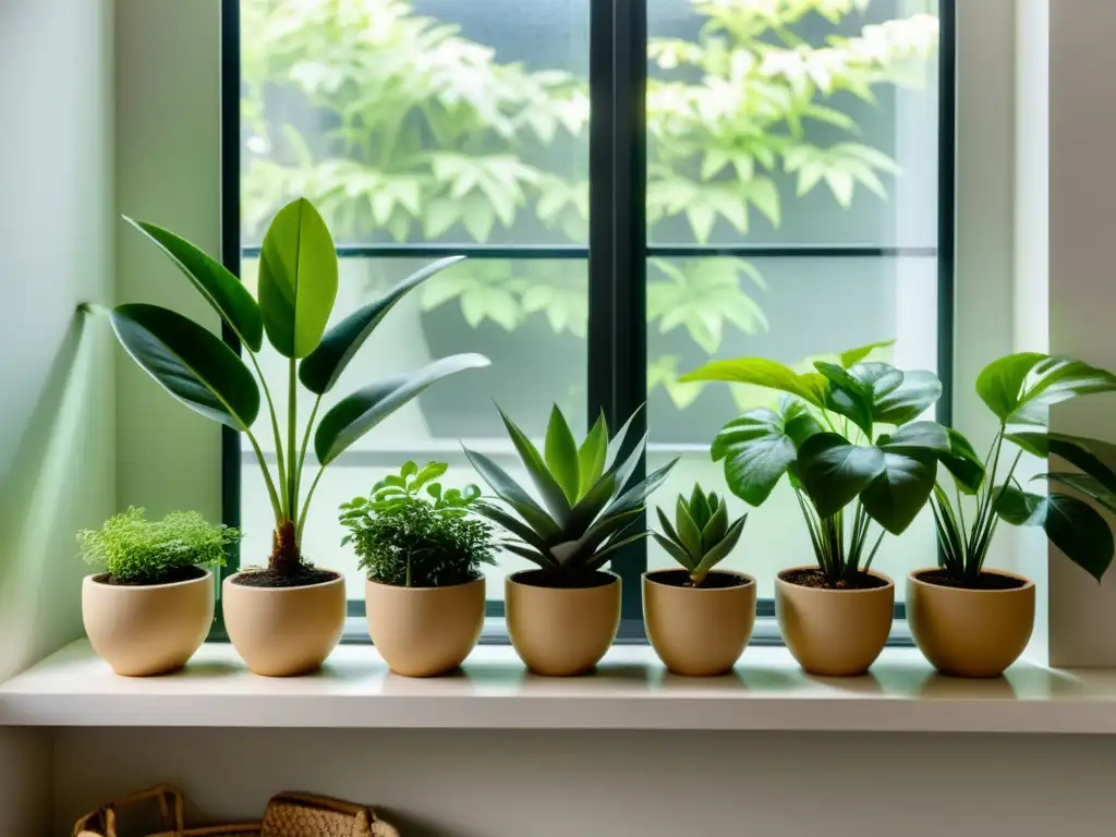 Plantas de interior que crecen sin sol directo: hermoso jardín interior con plantas verdes en macetas geométricas, iluminado por luz natural suave