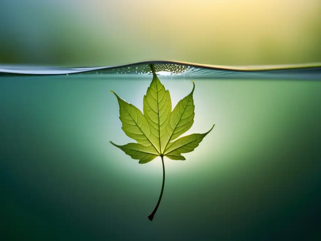 Propagación de plantas de interior sin tierra: hoja cortada con raíces en agua, en una composición serena y minimalista