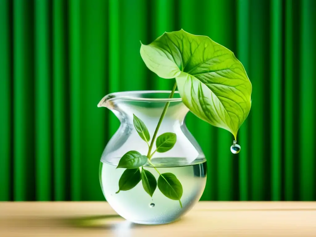 Propagación de plantas de interior sin tierra: Imagen detallada de un vaso transparente con agua cristalina y una planta de pothos verde vibrante sumergida en el agua, con burbujas de aire