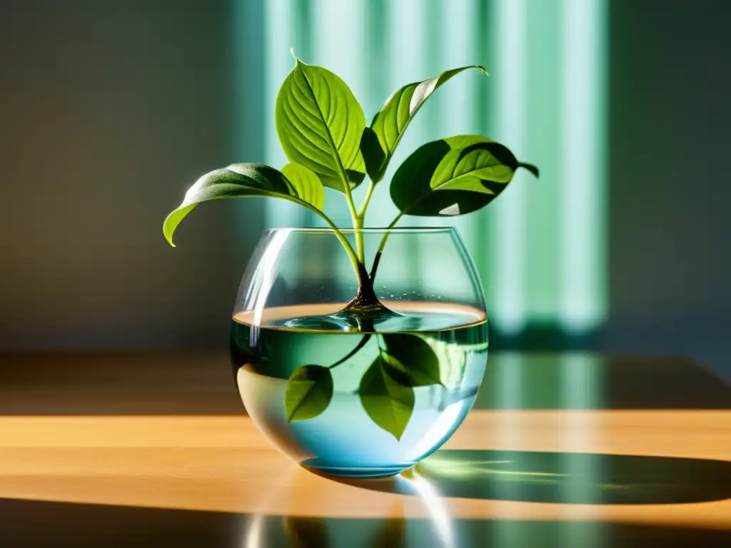 Propagación de plantas de interior sin tierra: Imagen de una planta verde sumergida en agua en un jarrón de vidrio, con patrones de luz y sombras