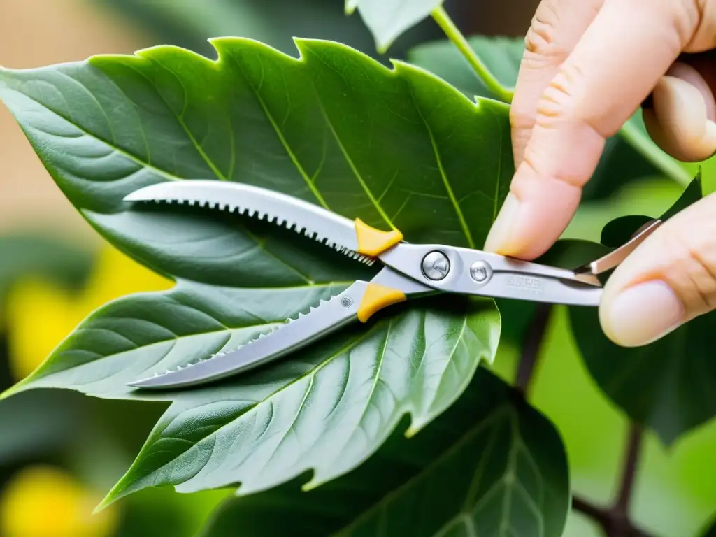 Podar plantas de interior correctamente: Tijeras esterilizadas recortando hojas amarillentas de planta verde, con precisión y cuidado