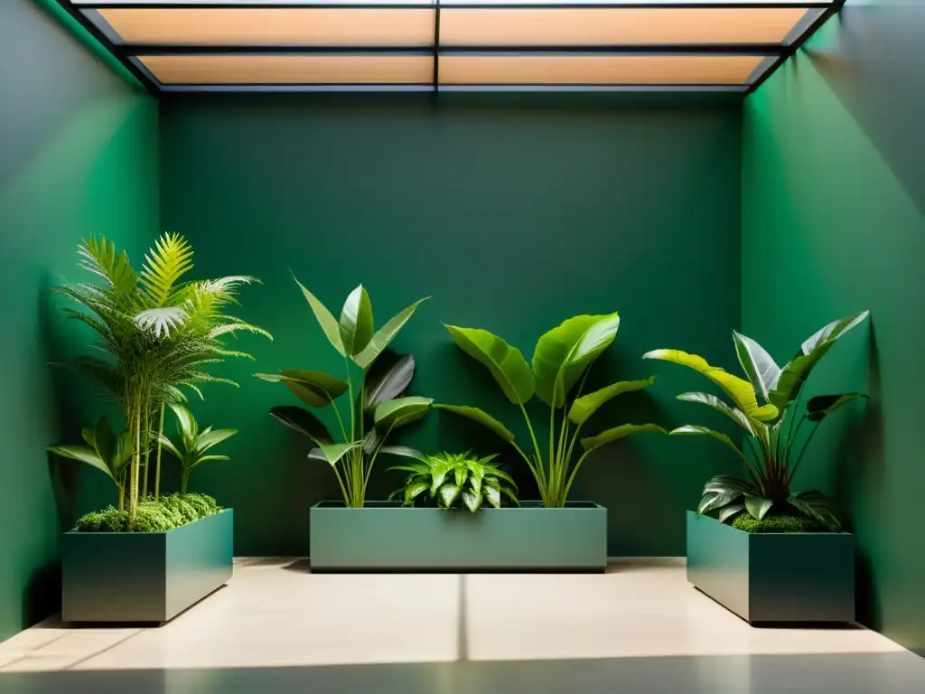 Una exposición botánica de plantas de interior con una variedad de plantas exuberantes y vibrantes en macetas modernas, iluminadas por una luz suave