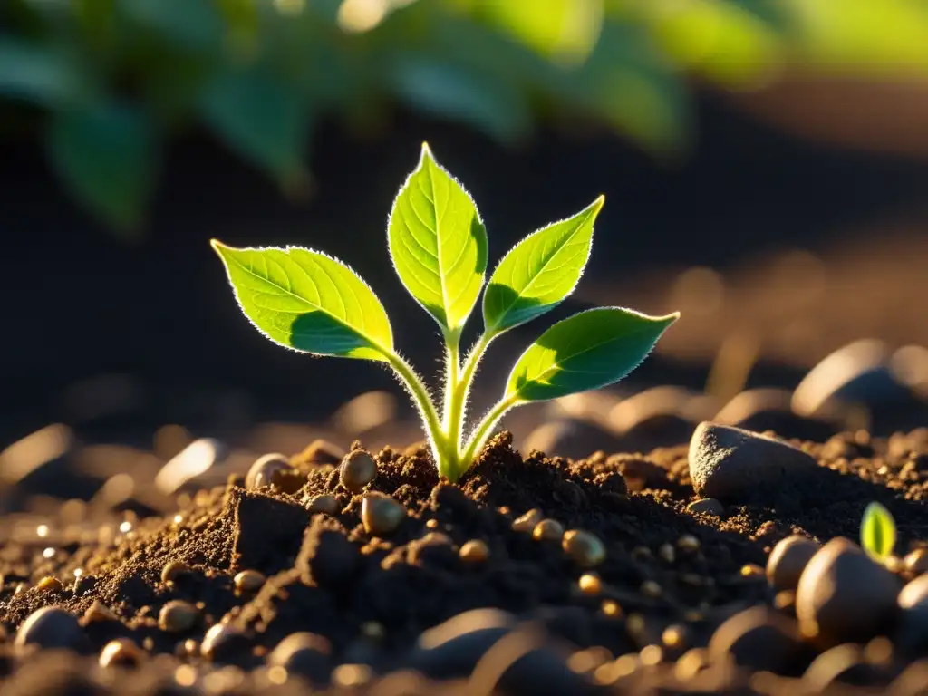 Propagación de plantas en interiores: Detalle de brote verde emergiendo de la tierra oscura, iluminado por cálida luz solar