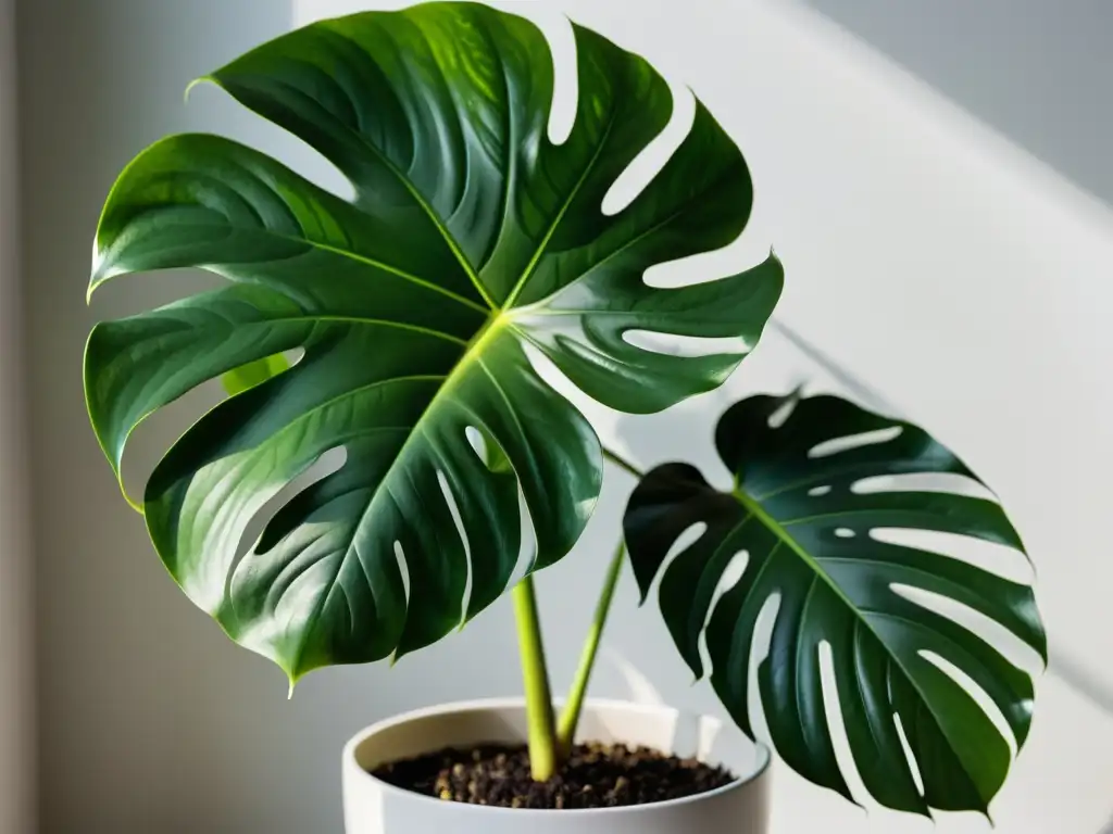 'Exposición botánica plantas interiores: Detalle de exuberante planta Monstera deliciosa en elegante maceta cerámica, bañada por luz solar