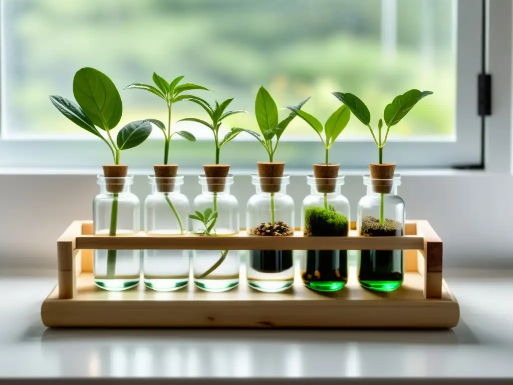 Estación de propagación de plantas en interiores con vials de vidrio y esquejes en una mesa blanca iluminada por luz natural