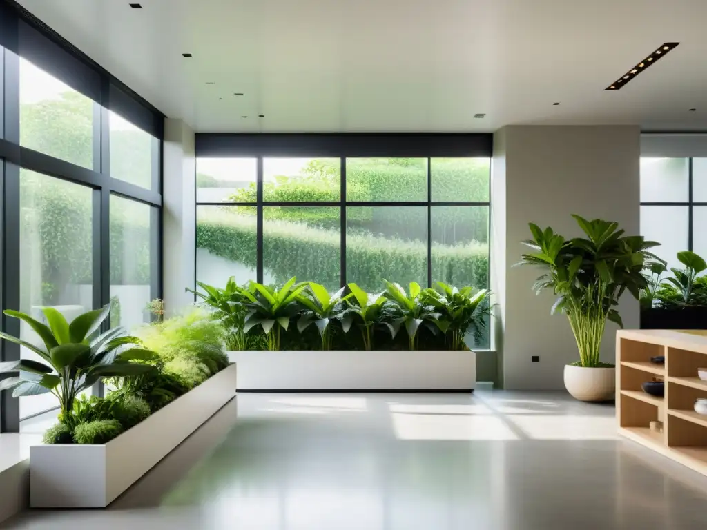 Iluminación para plantas de interior LED: Espacio interior moderno con plantas verdes vibrantes, elegante diseño minimalista y luz natural abundante