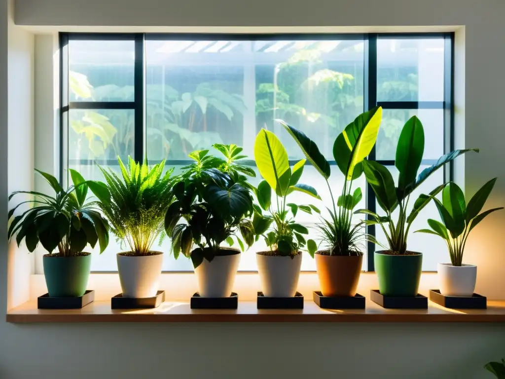 Combinación de plantas de interior según luz, armoniosa y bien iluminada, con variedad de plantas en macetas etiquetadas