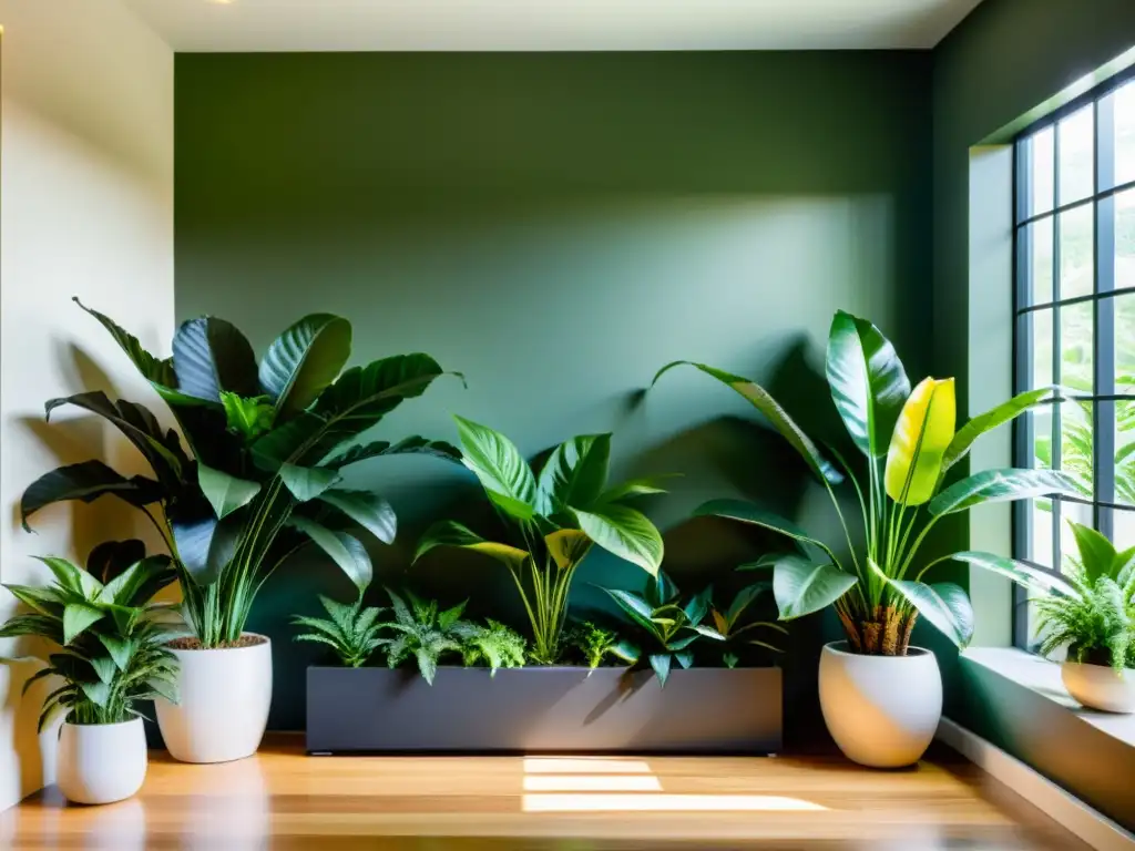 Un rincón de jardín interior con plantas de poca luz, bañado por la luz filtrada entre las hojas, creando un oasis sereno