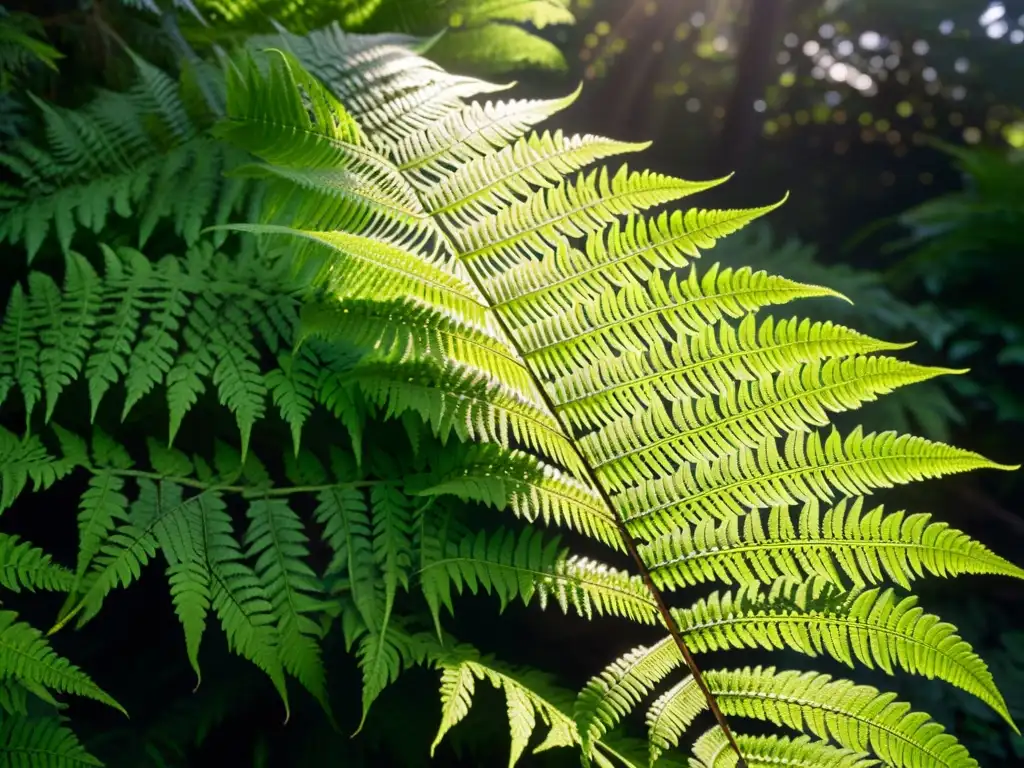 Aclimatar plantas a poca luz: helecho verde exuberante desenrollándose entre rayos de sol filtrados en un bosque denso