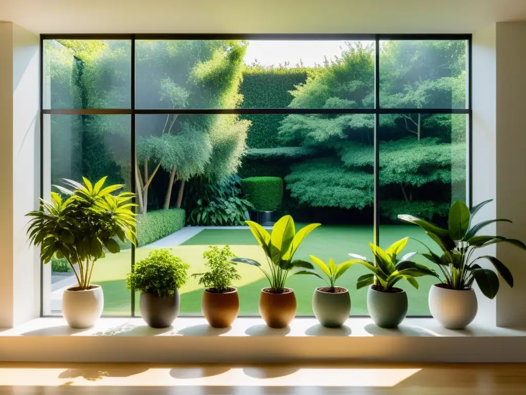 Decoración con plantas purificadoras de aire: Espacio sereno con luz natural, plantas elegantes y vista al jardín exuberante