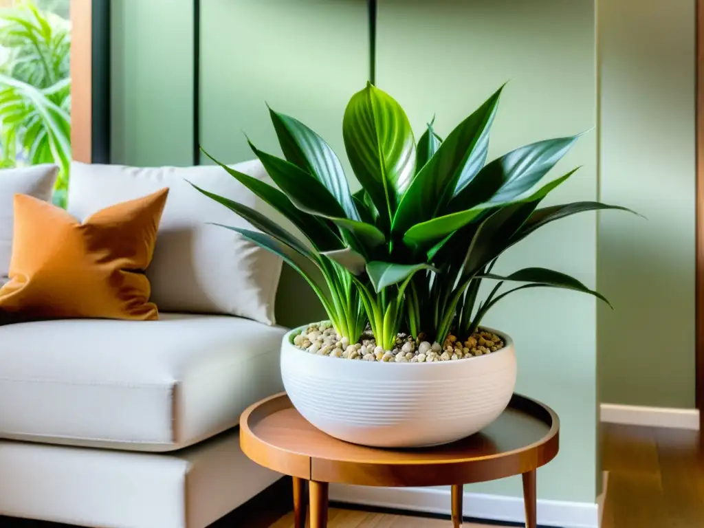 Plantas purificadoras de aire para interiores: Elegancia minimalista con plantas de interior vibrantes en un moderno salón luminoso