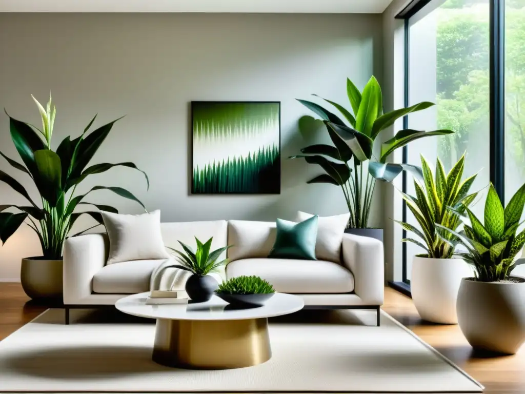 Decoración con plantas purificadoras de aire en un moderno salón minimalista con plantas en macetas geométricas