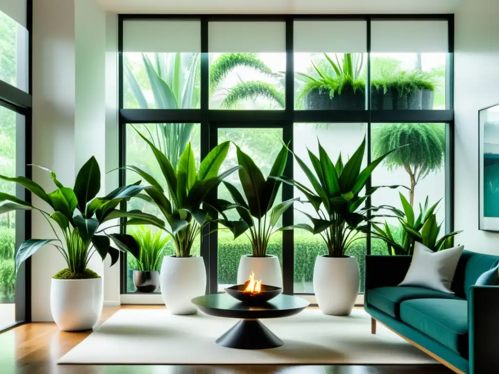 Decoración con plantas purificadoras de aire en un moderno salón minimalista con ventanales de piso a techo y luz natural suave