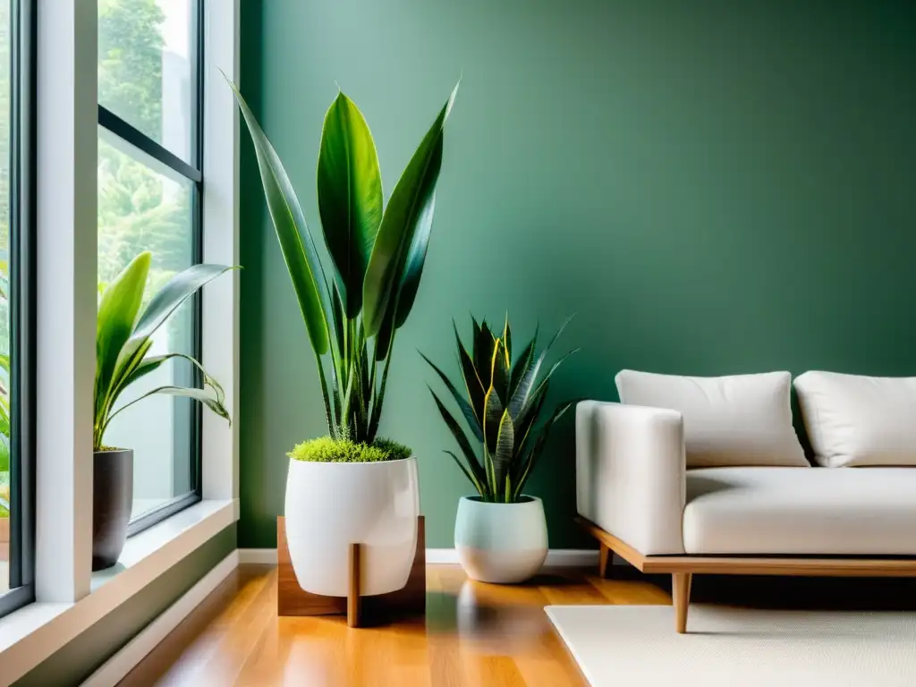 Decoración con plantas purificadoras de aire en moderno salón con ventana panorámica y minimalismo tranquilo