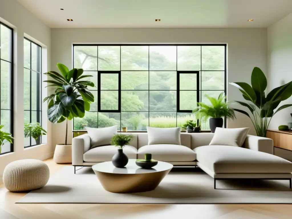 Decoración con plantas purificadoras de aire en un salón moderno con abundante luz natural y exuberante vegetación