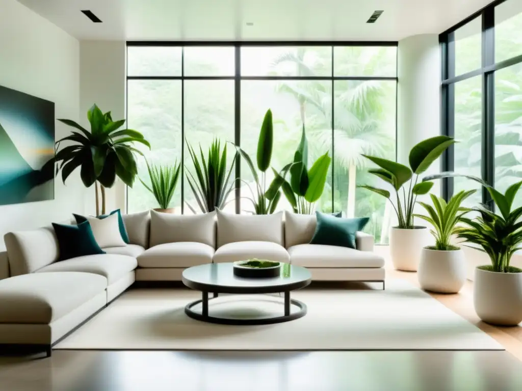 Decoración con plantas purificadoras de aire en un salón minimalista con ventanales, muebles contemporáneos y paleta de colores neutros