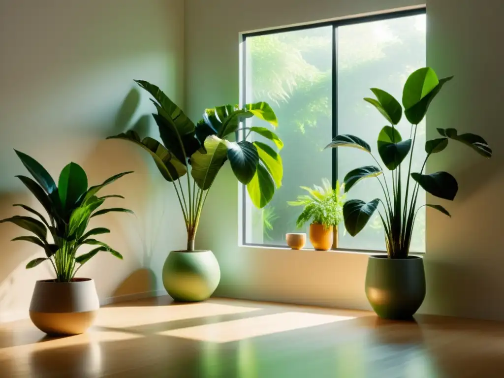 Plantas purificadoras aire alergias: Habitación luminosa con plantas verdes en macetas simples, creando un ambiente sereno y natural