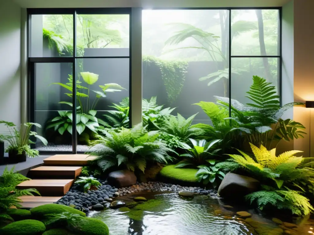 Jardín interior con plantas y rocas cubiertas de musgo, evocando la serenidad de un bosque nórdico