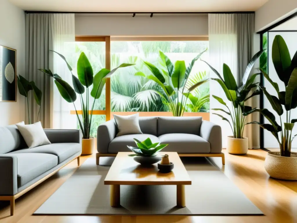 Distribución plantas Feng Shui en sala minimalista con sofá gris, mesa de centro y suelo de madera clara, con luz natural a través de cortinas