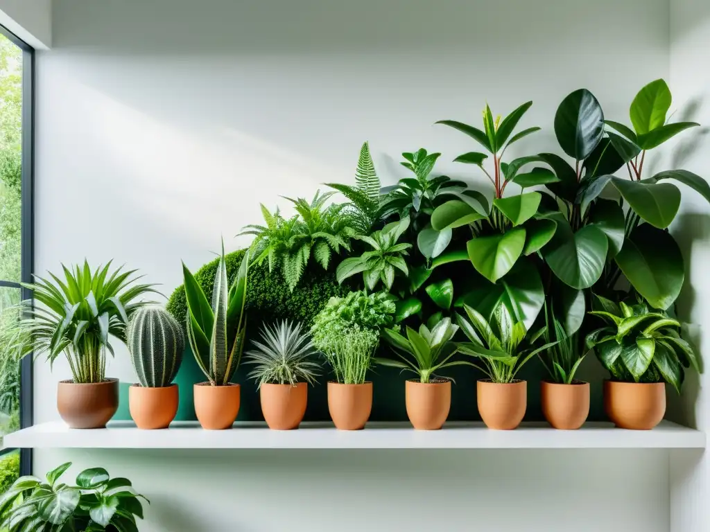 Jardín interior con plantas cuidadosamente seleccionadas en macetas modernas, evocando armonía y evolución en el cuidado de plantas de interior