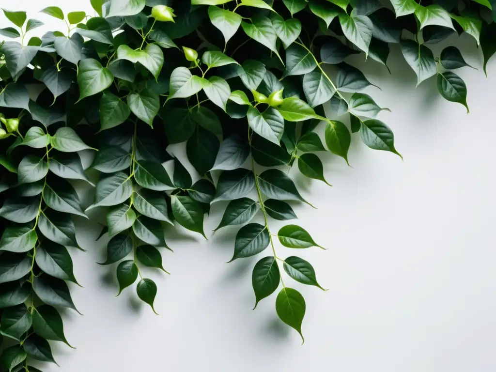 Plantas trepadoras para interiores: Hojas verdes de hiedra vibrante entrelazadas en un enrejado moderno y elegante sobre una pared blanca limpia