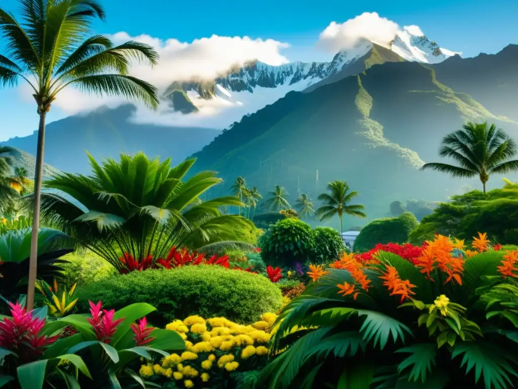 Cultivar plantas tropicales en climas fríos: exuberante jardín tropical contrasta con montañas nevadas, destacando su belleza y resiliencia