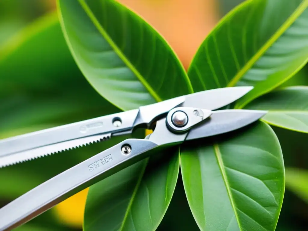 Podar plantas tropicales de interior con precisión y cuidado, capturando el detalle de las hojas verdes y el corte limpio de las tijeras de podar