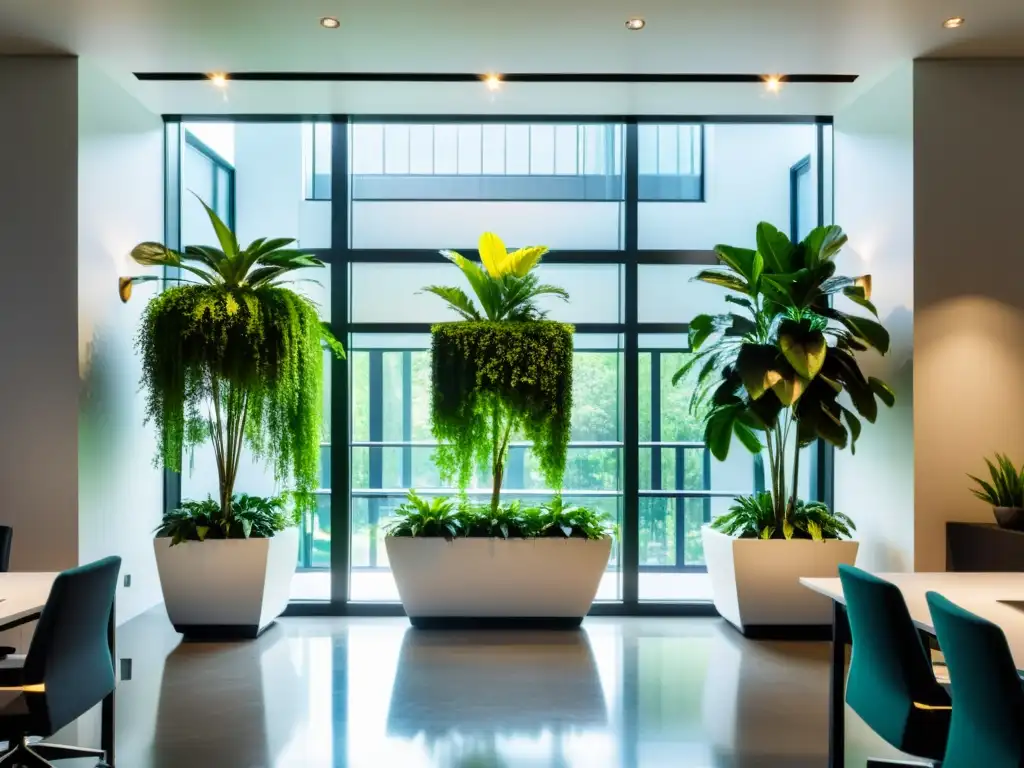 Plantas verticales para oficinas pequeñas: Oficina minimalista con plantas verticales y diseño moderno, iluminada por luz natural